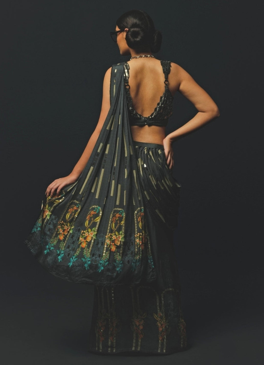 Charcoal Grey Chiffon Pre - Draped Saree Basil Leaf - Fabilicious Fashion