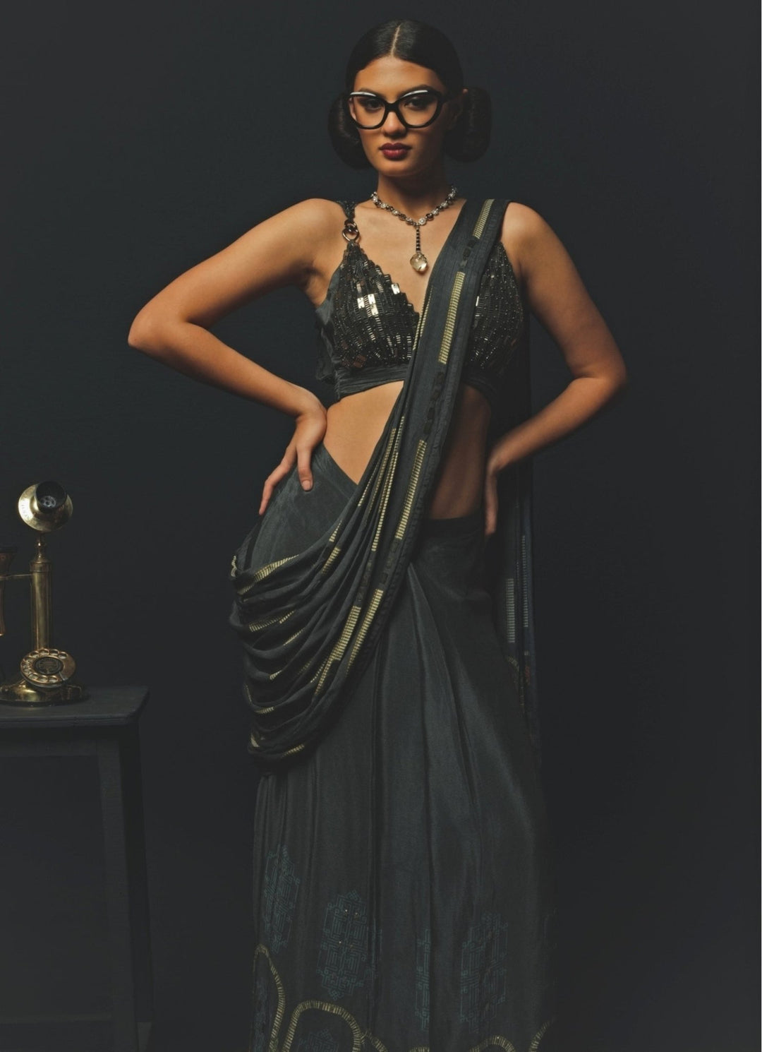 Charcoal Grey Chiffon Pre - Draped Saree Basil Leaf - Fabilicious Fashion