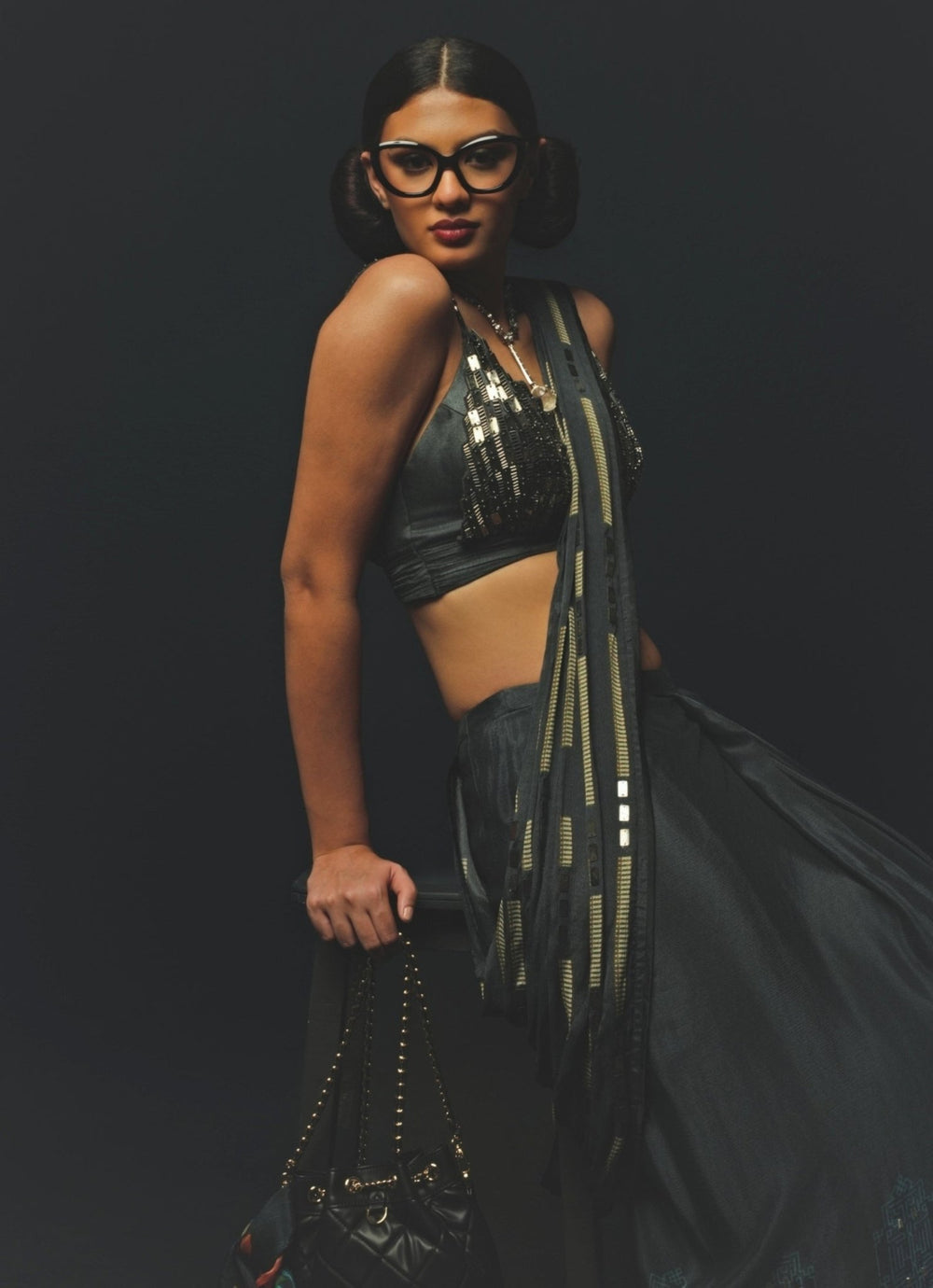 Charcoal Grey Chiffon Pre - Draped Saree Basil Leaf - Fabilicious Fashion