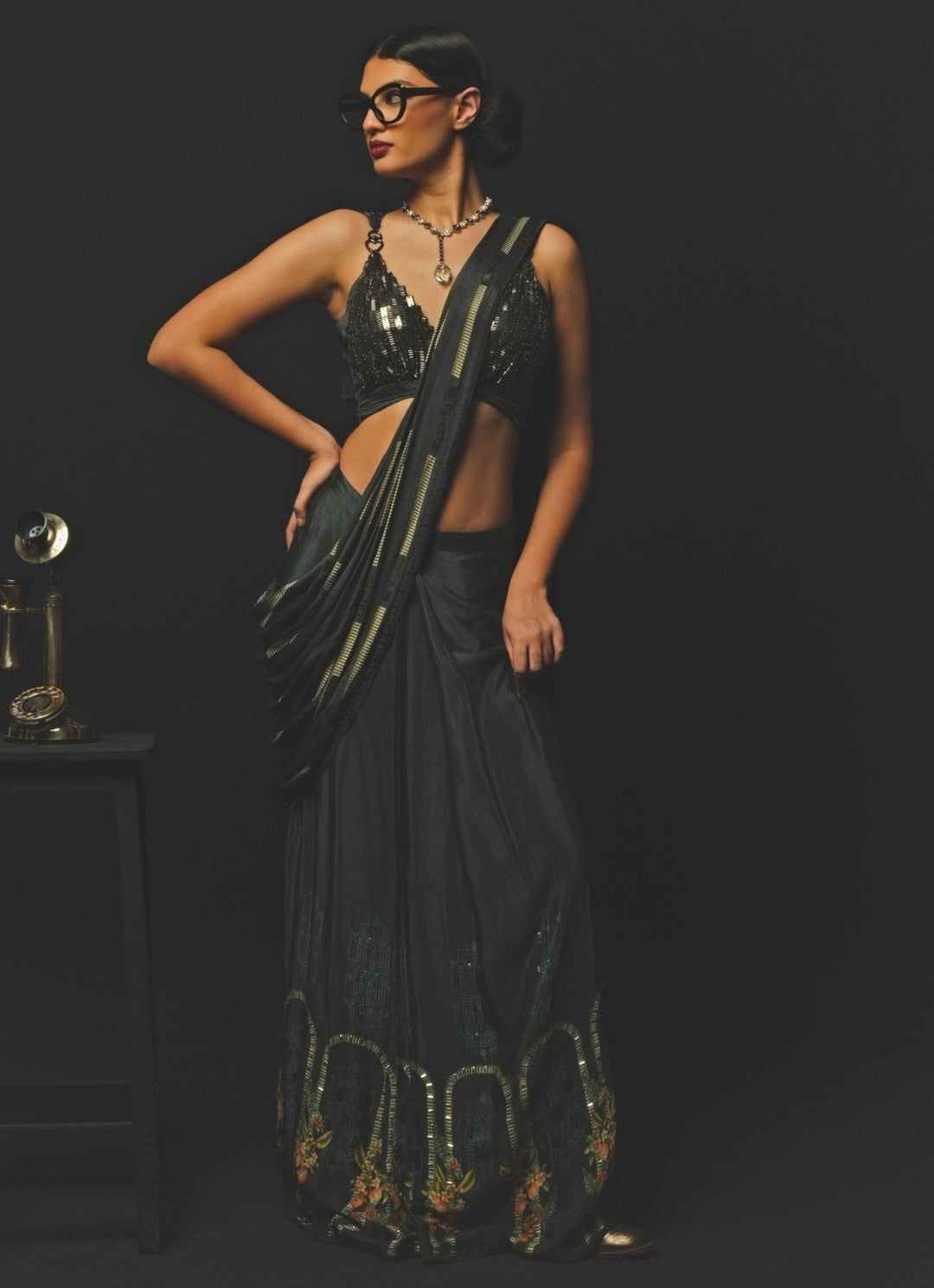 Charcoal Grey Chiffon Pre - Draped Saree Basil Leaf - Fabilicious Fashion