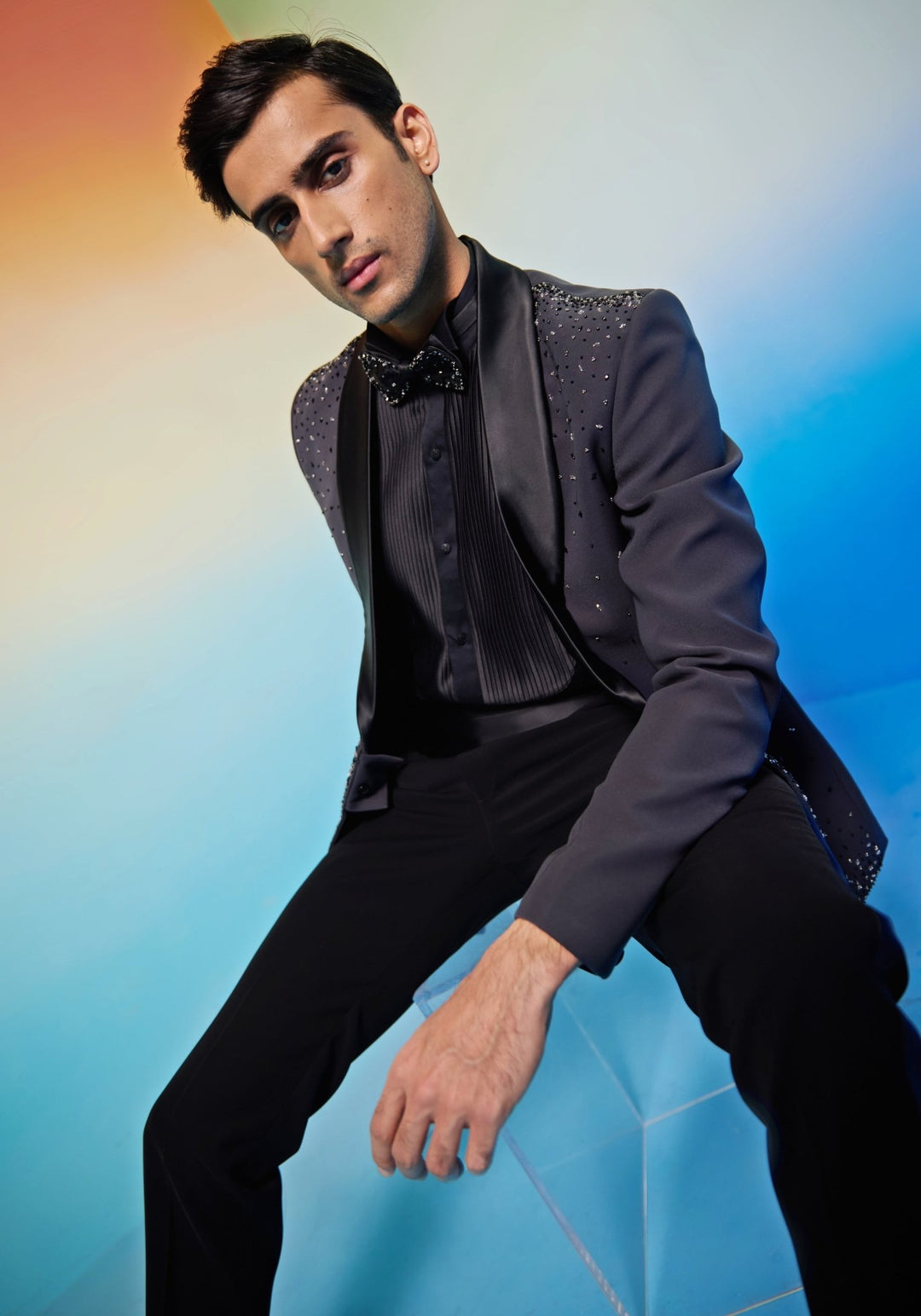 Charcoal Grey Embroidered Tuxedo Set Contrast by Parth - Fabilicious Fashion