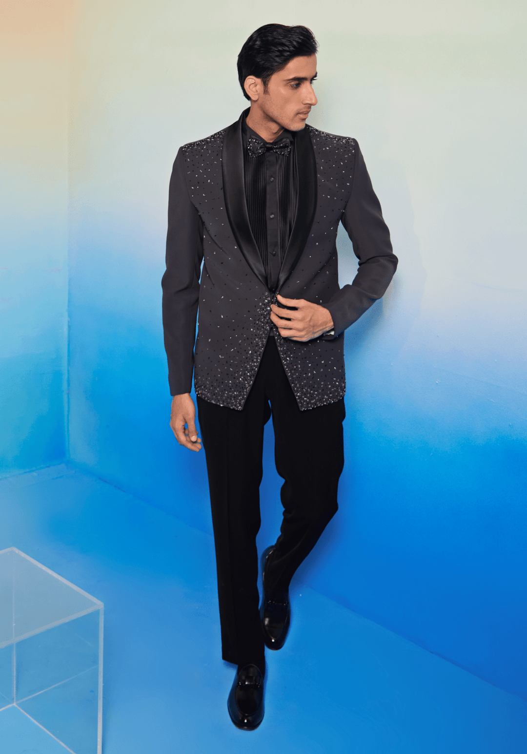 Charcoal Grey Embroidered Tuxedo Set Contrast by Parth - Fabilicious Fashion