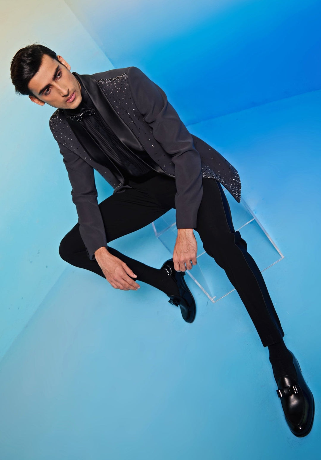 Charcoal Grey Embroidered Tuxedo Set Contrast by Parth - Fabilicious Fashion