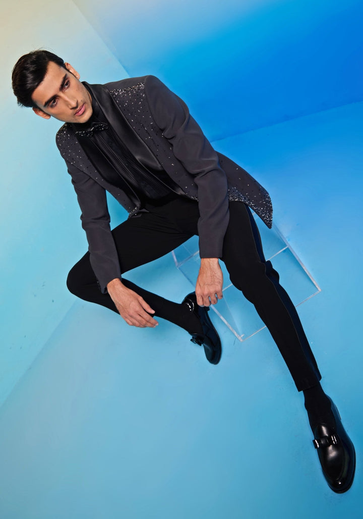Charcoal Grey Embroidered Tuxedo Set Contrast by Parth - Fabilicious Fashion