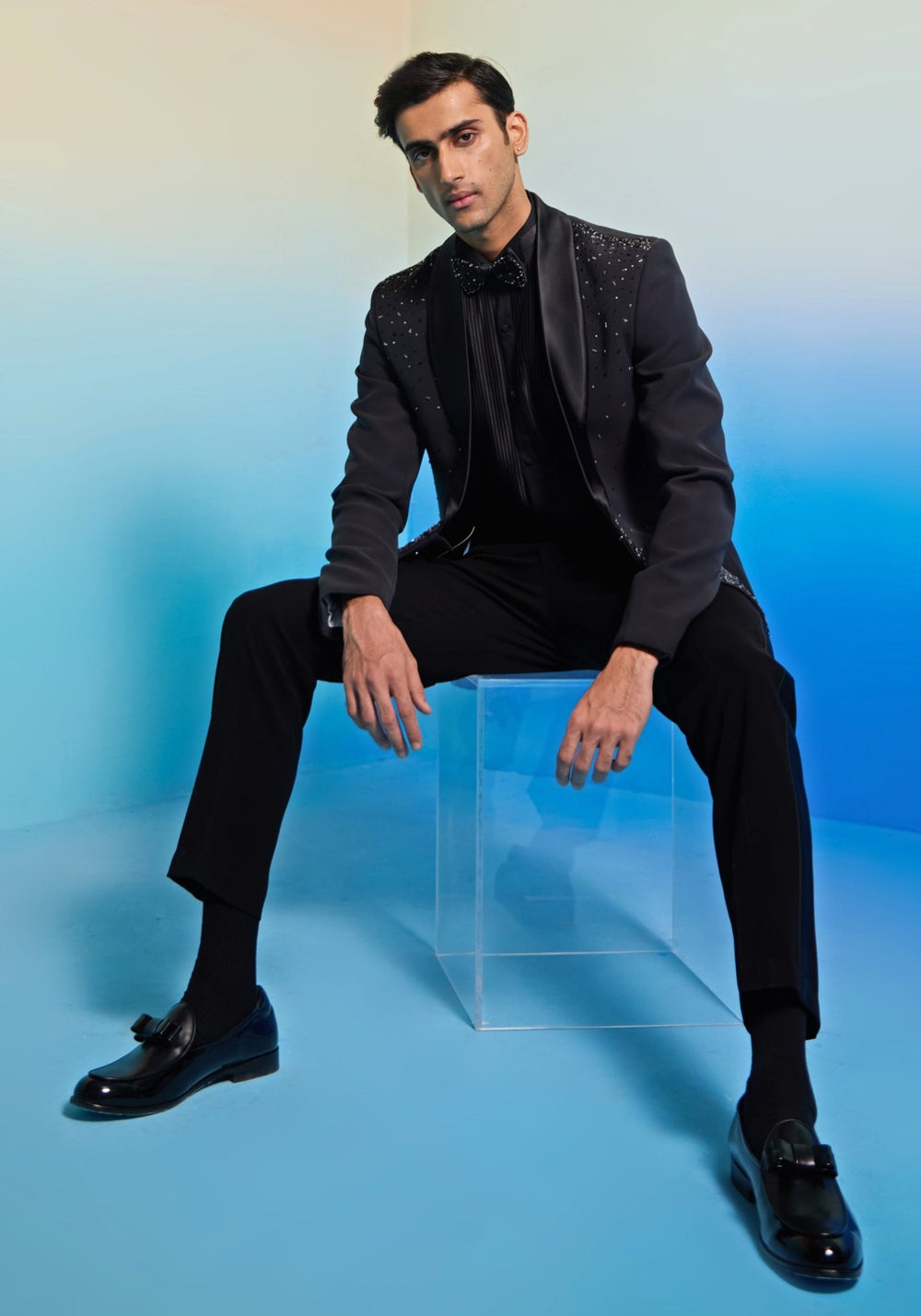 Charcoal Grey Embroidered Tuxedo Set Contrast by Parth - Fabilicious Fashion