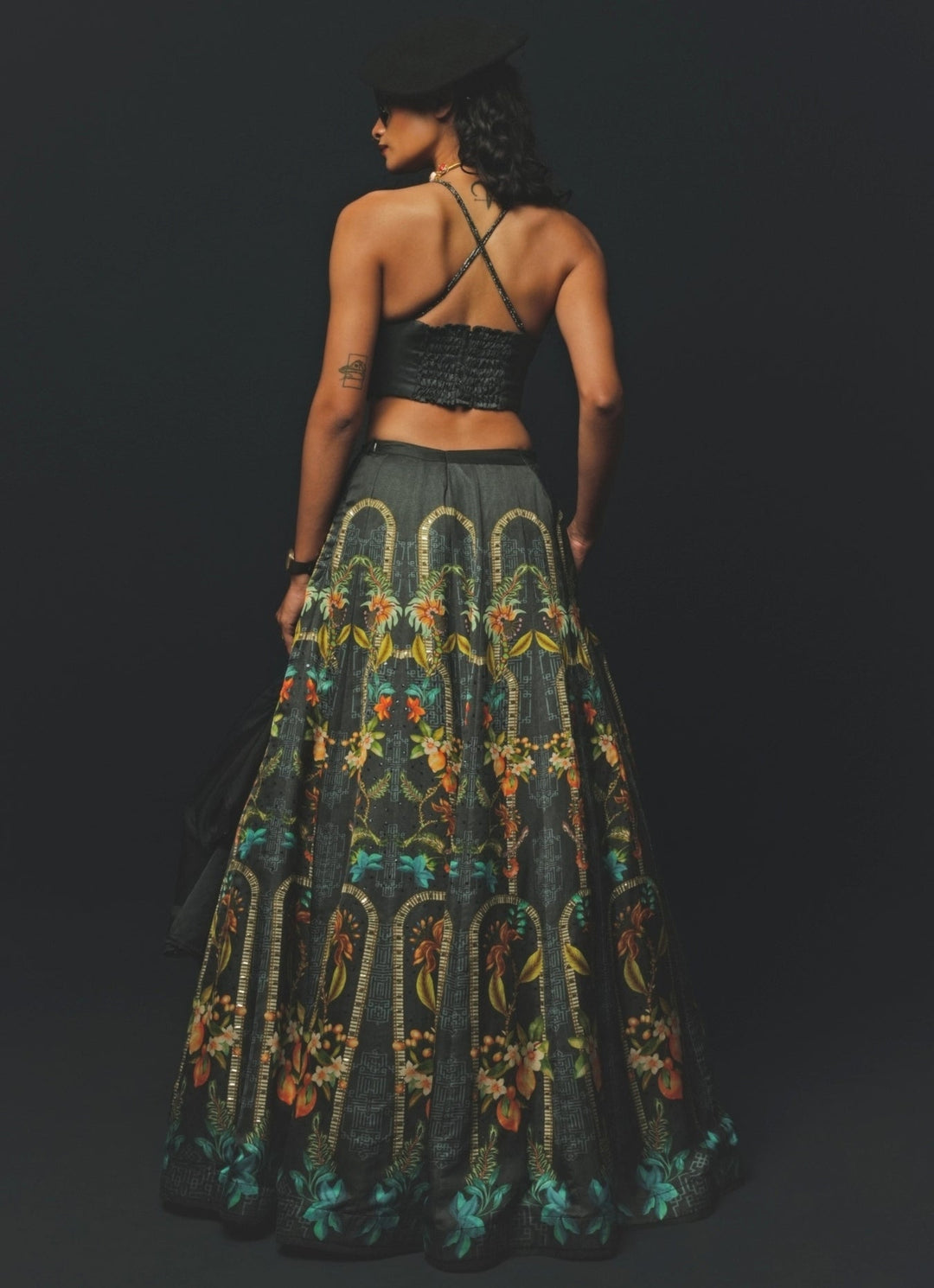 Charcoal Grey Linen Satin Lehenga With Corset Blouse Basil Leaf - Fabilicious Fashion