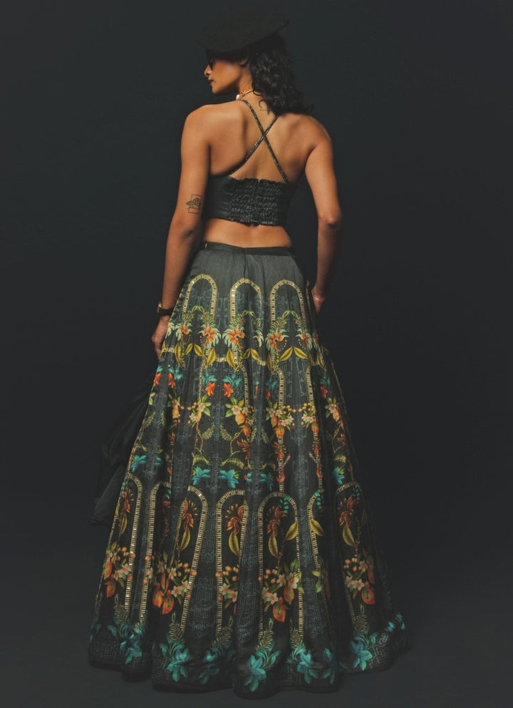 Charcoal Grey Linen Satin Lehenga With Corset Blouse Basil Leaf - Fabilicious Fashion