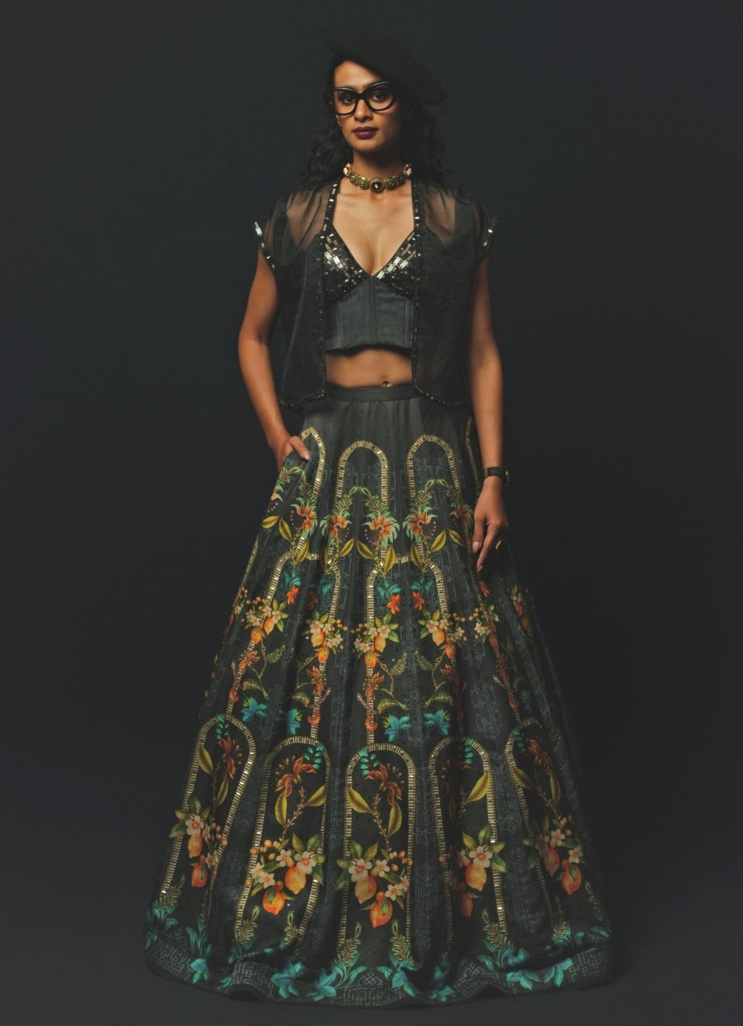 Charcoal Grey Linen Satin Lehenga With Corset Blouse Basil Leaf - Fabilicious Fashion