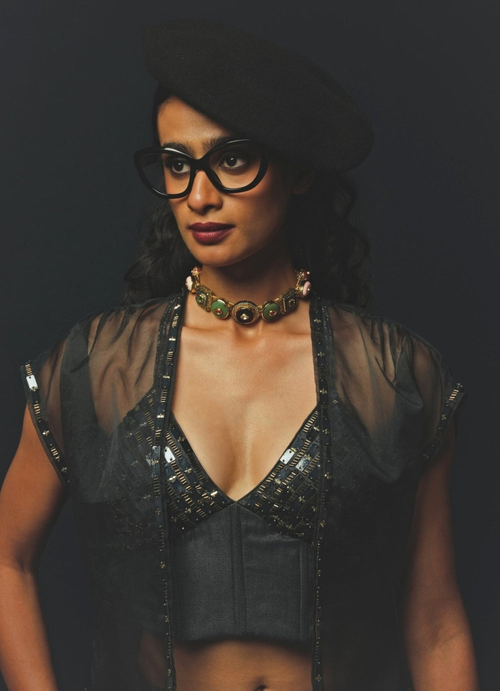 Charcoal Grey Linen Satin Lehenga With Corset Blouse Basil Leaf - Fabilicious Fashion