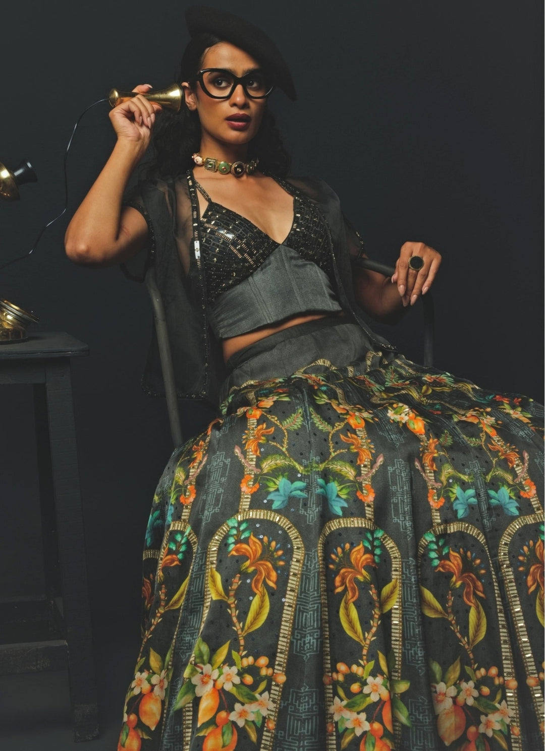 Charcoal Grey Linen Satin Lehenga With Corset Blouse Basil Leaf - Fabilicious Fashion