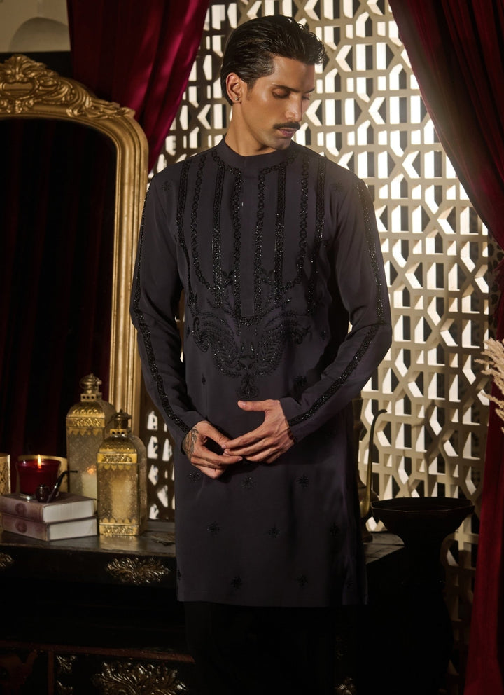 Contrast by Parth Charcoal Grey Silk Kurta SetFabilicious Fashion