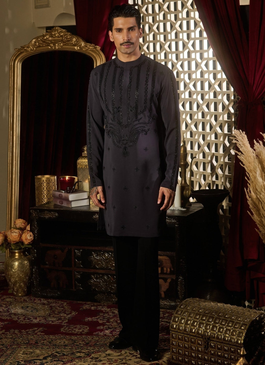 Contrast by Parth Charcoal Grey Silk Kurta SetFabilicious Fashion