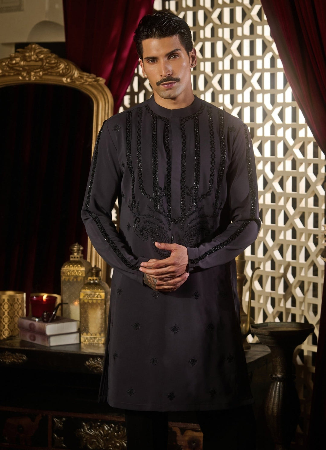 Contrast by Parth Charcoal Grey Silk Kurta SetFabilicious Fashion
