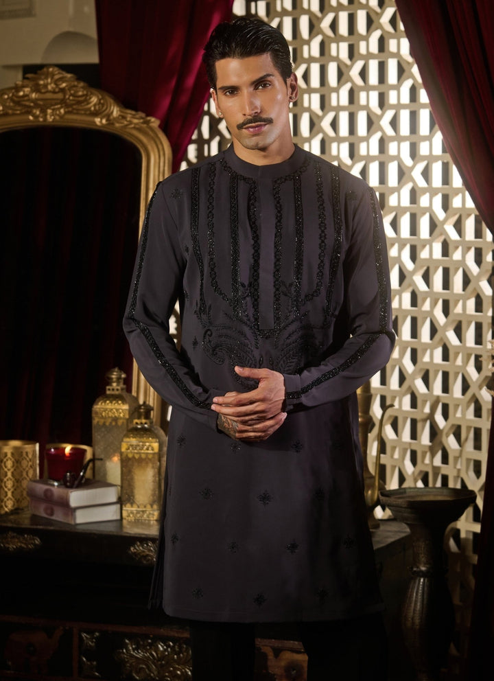 Contrast by Parth Charcoal Grey Silk Kurta SetFabilicious Fashion
