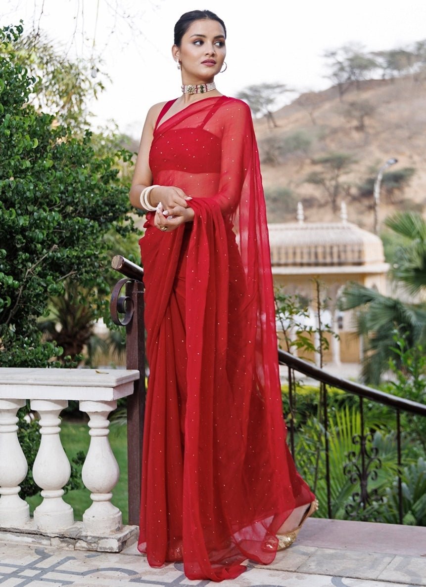 Cherry Red Chiffon Pre - Draped Saree Set Geroo Jaipur - Fabilicious Fashion