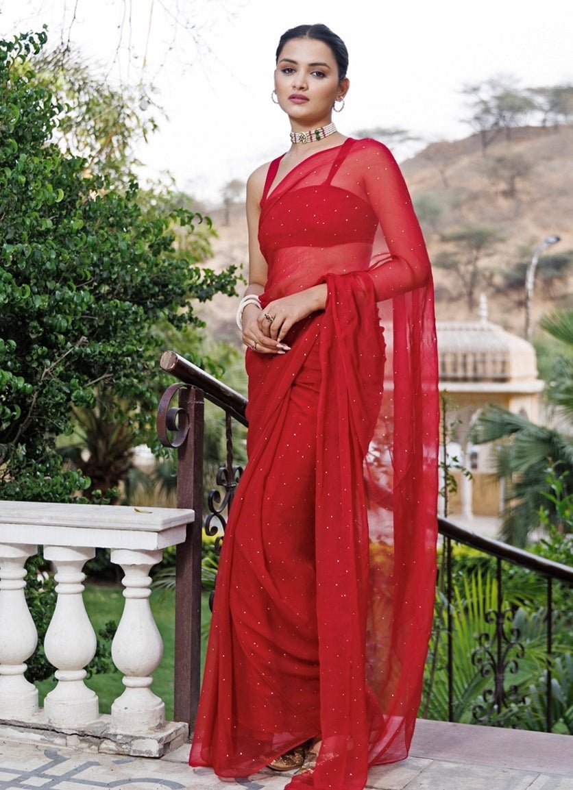 Cherry Red Chiffon Pre - Draped Saree Set Geroo Jaipur - Fabilicious Fashion