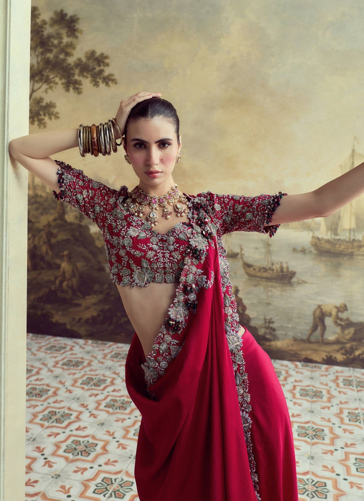 Prisho Cherry Red Dupion Silk Concept SareeFabilicious Fashion