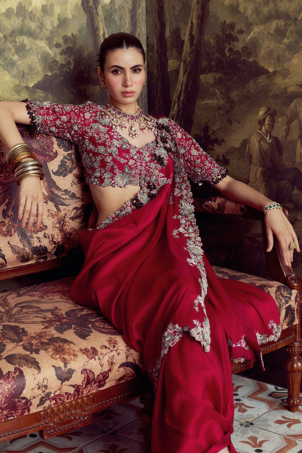 Cherry Red Dupion Silk Concept Saree by Prisho