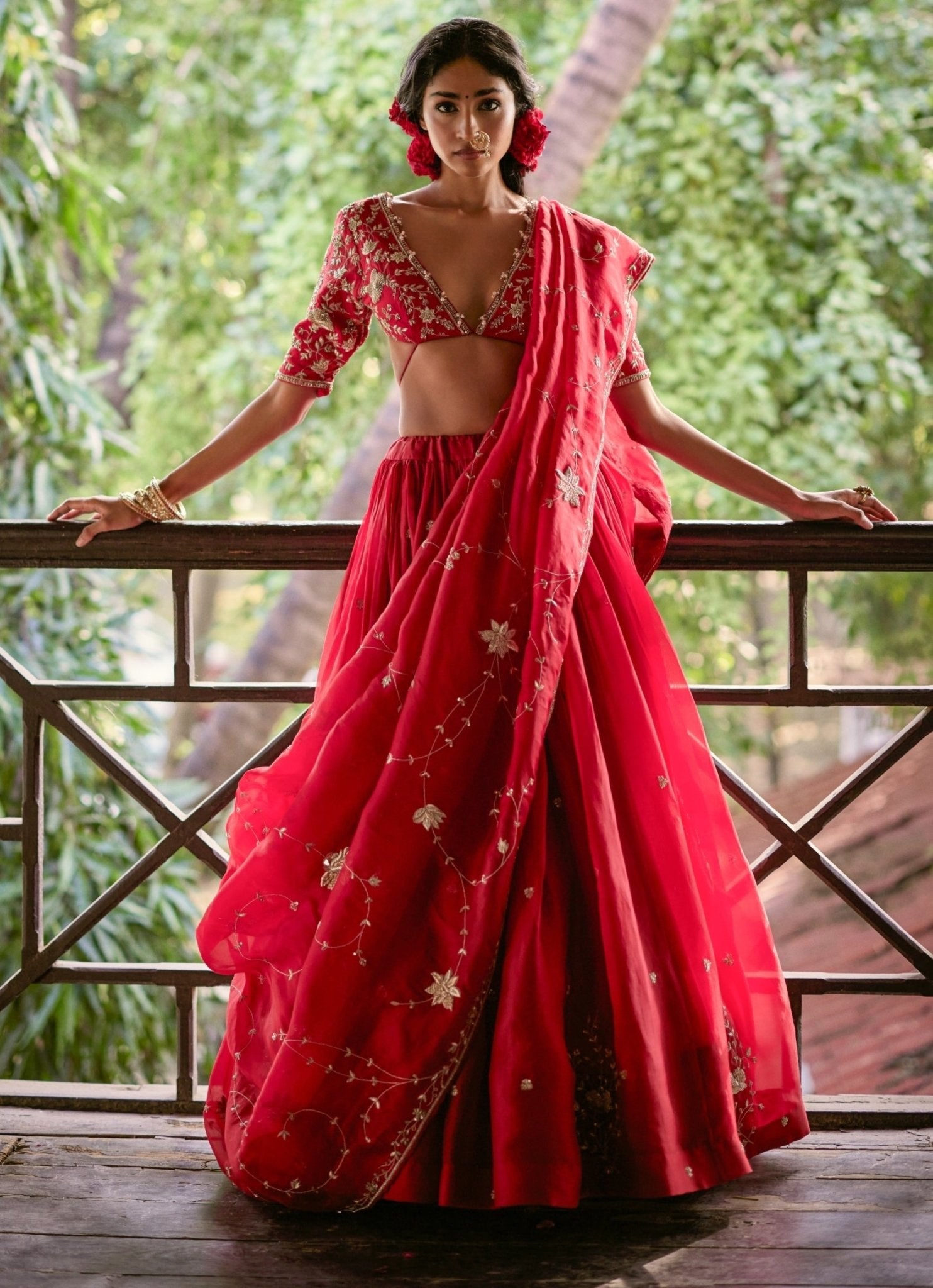 Cherry red embroidered organza lehenga Paulmi and Harsh for the bridal big day