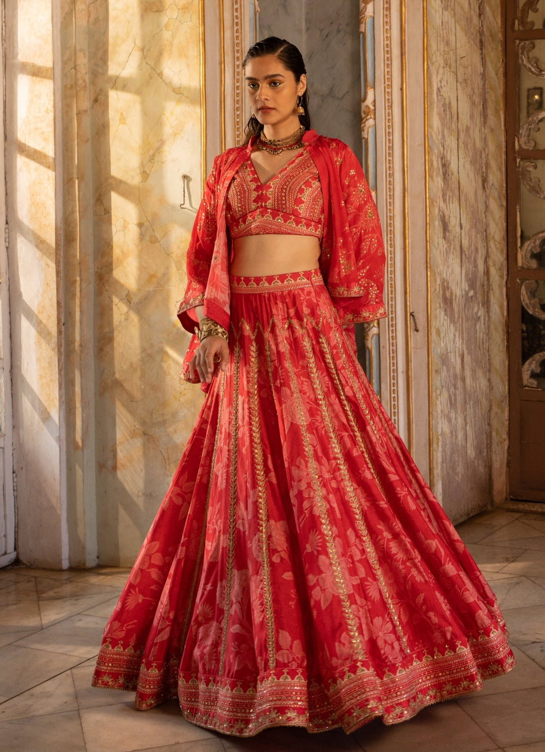 Cherry Red Floral Printed Georgette Lehenga Set Paulmi and Harsh - Fabilicious Fashion
