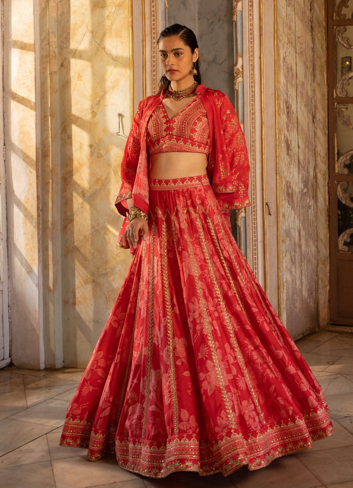 Cherry Red Floral Printed Georgette Lehenga Set Paulmi and Harsh - Fabilicious Fashion
