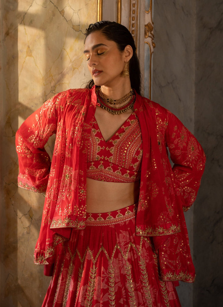 Cherry Red Floral Printed Georgette Lehenga Set Paulmi and Harsh - Fabilicious Fashion