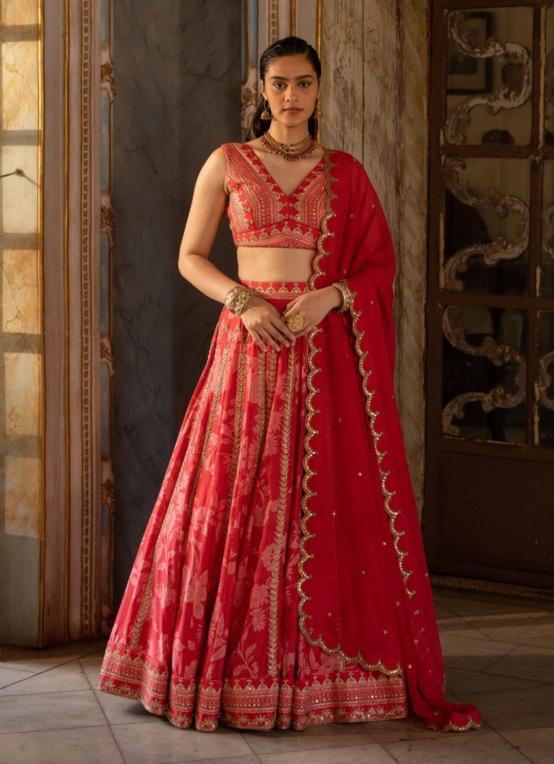 Cherry Red Floral Printed Georgette Lehenga Set Paulmi and Harsh - Fabilicious Fashion