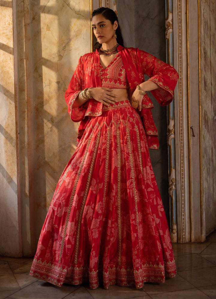 Cherry Red Floral Printed Georgette Lehenga Set Paulmi and Harsh - Fabilicious Fashion