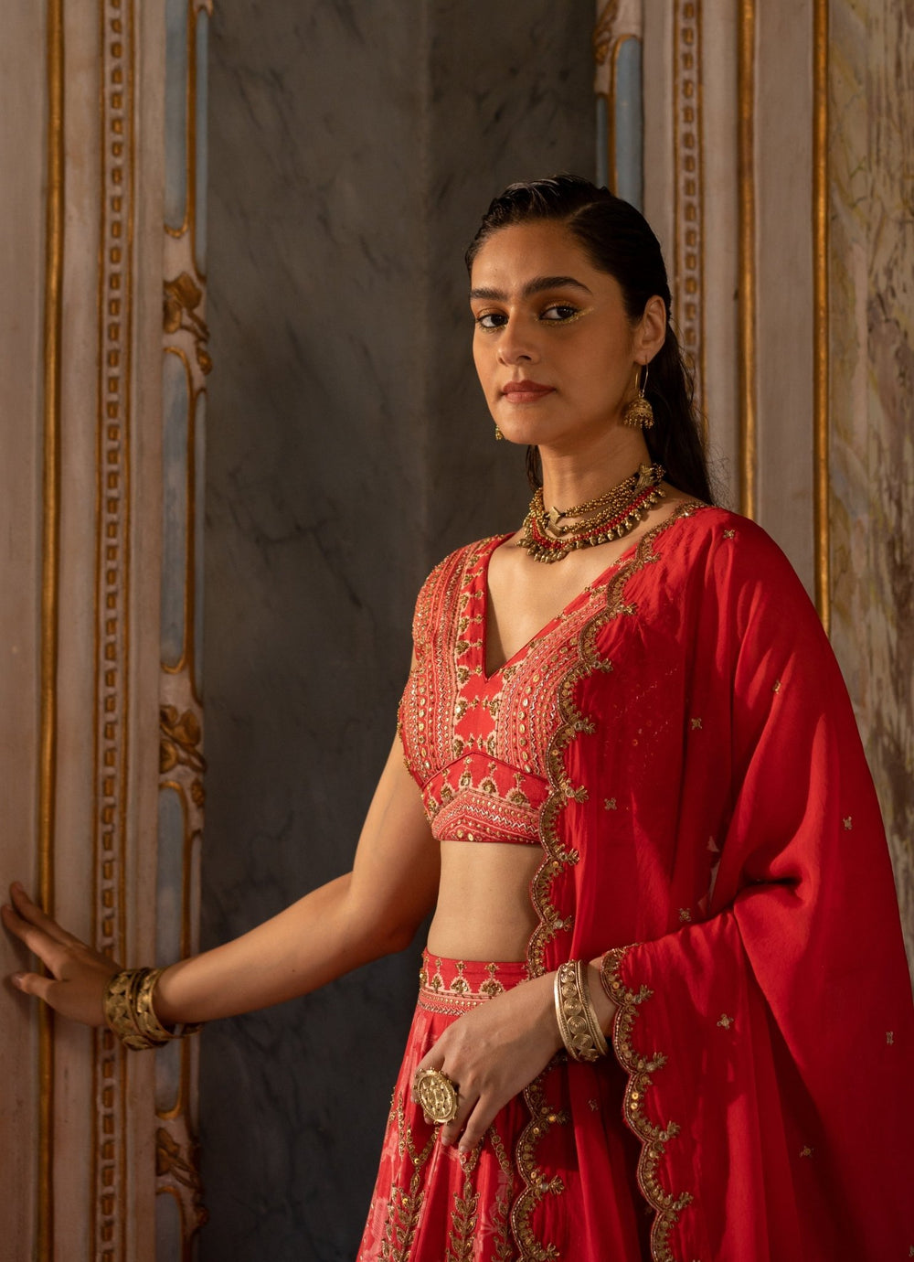 Cherry Red Floral Printed Georgette Lehenga Set Paulmi and Harsh - Fabilicious Fashion