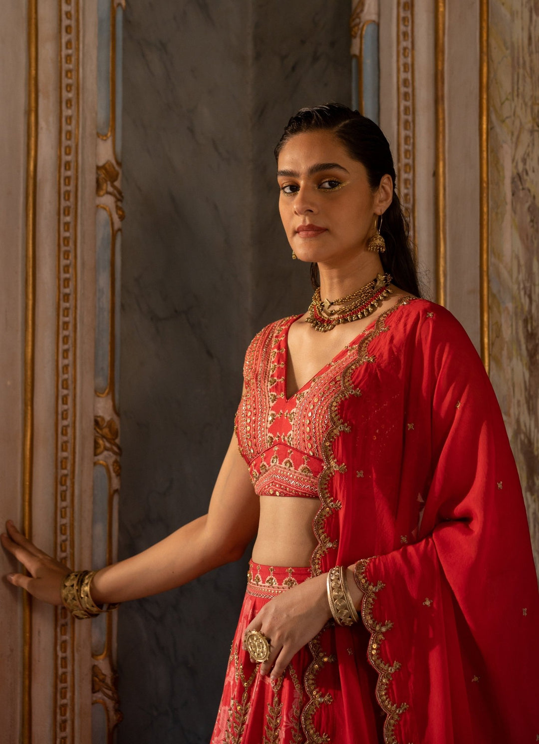 Cherry Red Floral Printed Georgette Lehenga Set Paulmi and Harsh - Fabilicious Fashion