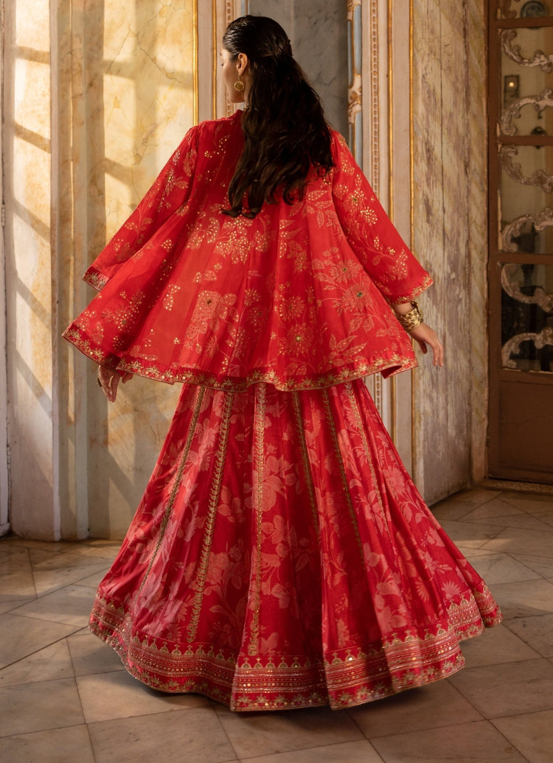 Cherry Red Floral Printed Georgette Lehenga Set Paulmi and Harsh - Fabilicious Fashion