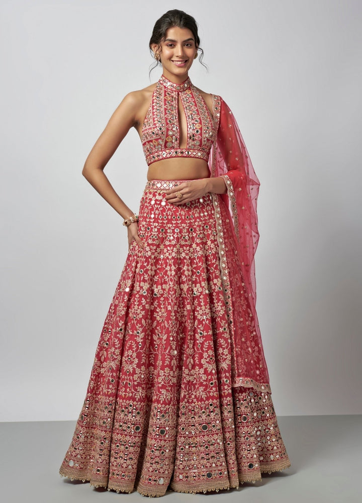 Gopi Vaid Cherry Red Mirror Tussar Bridal Lehenga SetFabilicious Fashion