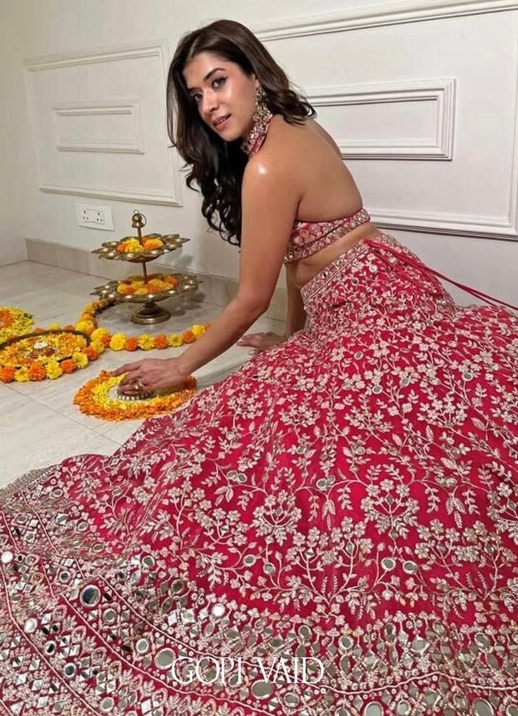 Gopi Vaid Cherry Red Mirror Tussar Bridal Lehenga SetFabilicious Fashion