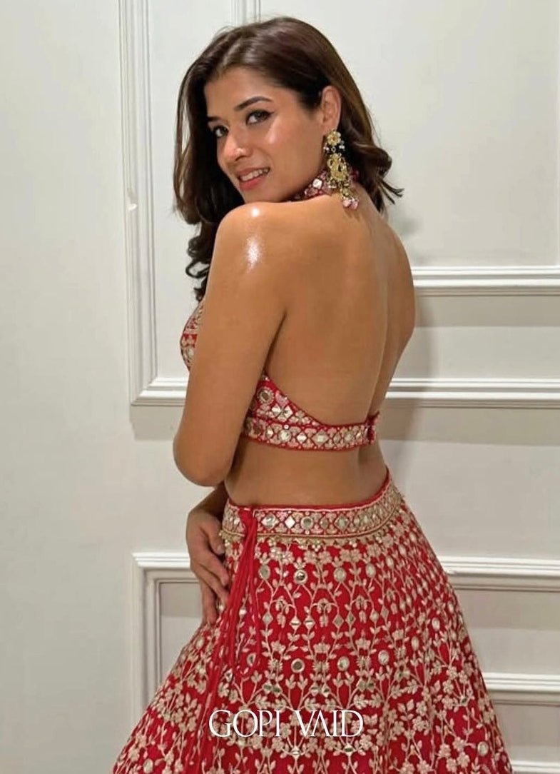 Gopi Vaid Cherry Red Mirror Tussar Bridal Lehenga SetFabilicious Fashion