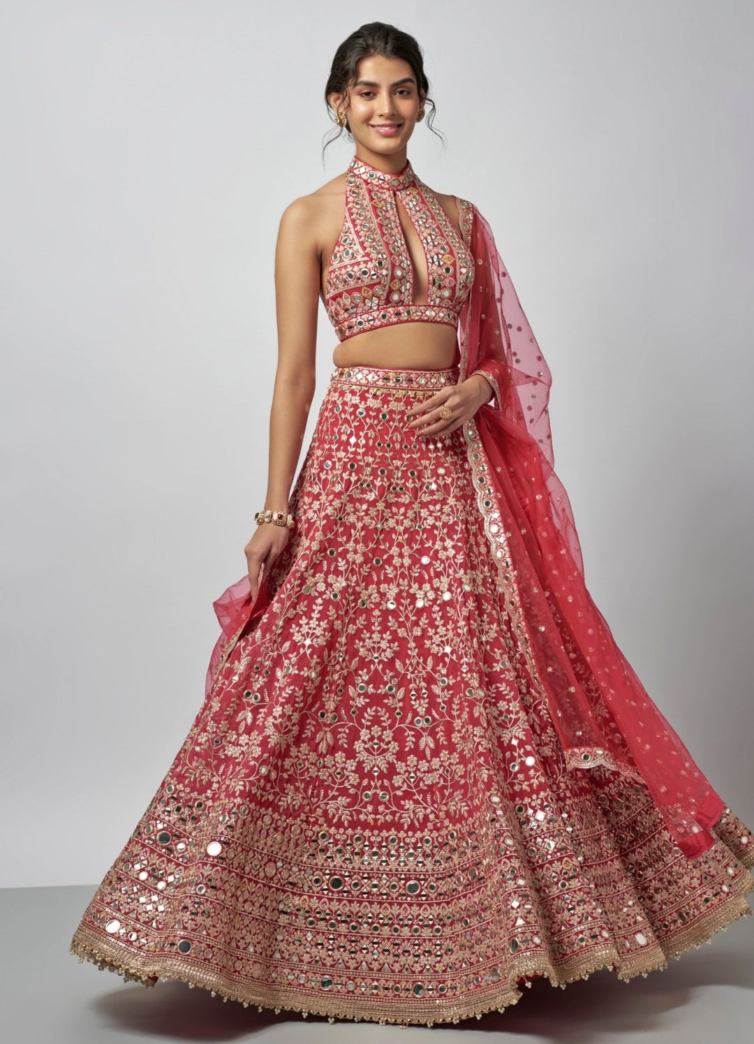 Gopi Vaid Cherry Red Mirror Tussar Bridal Lehenga SetFabilicious Fashion