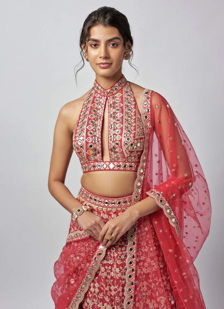 Gopi Vaid Cherry Red Mirror Tussar Bridal Lehenga SetFabilicious Fashion