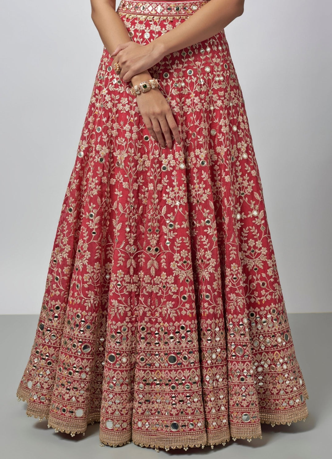 Gopi Vaid Cherry Red Mirror Tussar Bridal Lehenga SetFabilicious Fashion