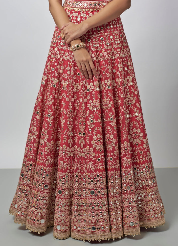 Gopi Vaid Cherry Red Mirror Tussar Bridal Lehenga SetFabilicious Fashion
