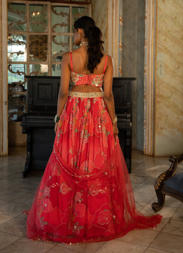 Cherry Red Printed Georgette Lehenga Set Paulmi and Harsh - Fabilicious Fashion