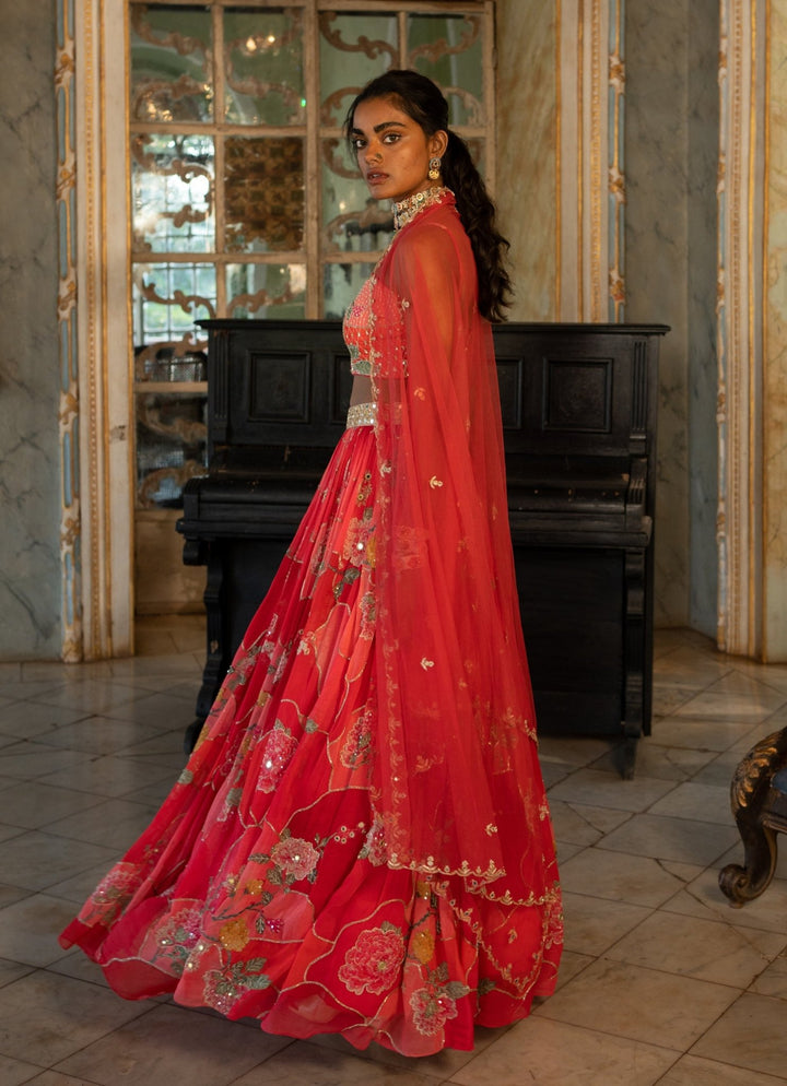 Cherry Red Printed Georgette Lehenga Set Paulmi and Harsh - Fabilicious Fashion