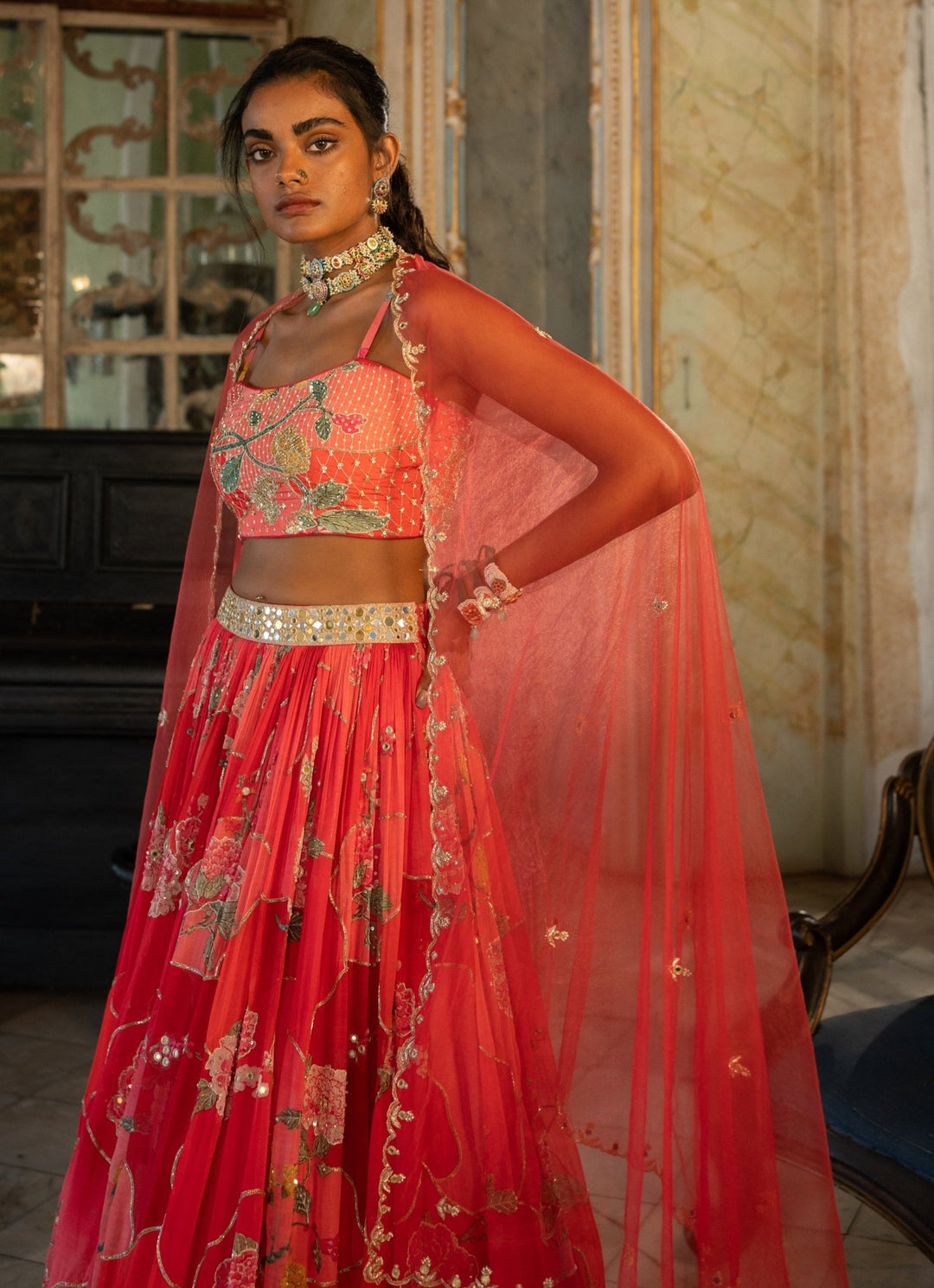 Cherry Red Printed Georgette Lehenga Set Paulmi and Harsh - Fabilicious Fashion