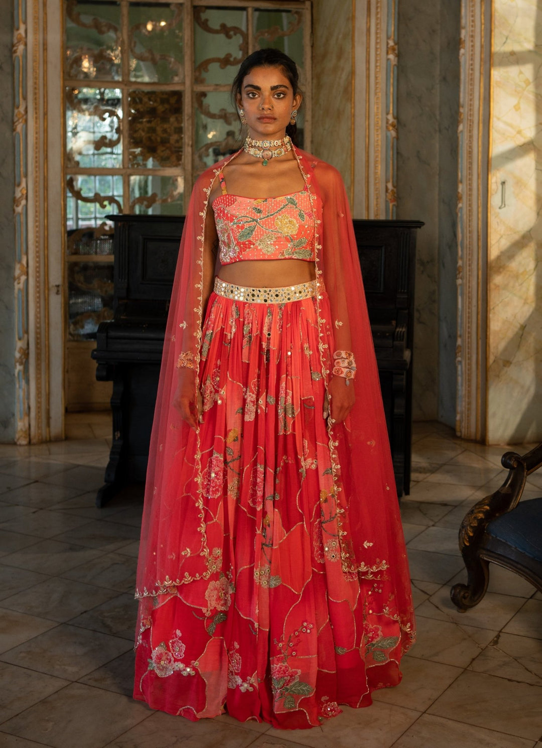 Cherry Red Printed Georgette Lehenga Set Paulmi and Harsh - Fabilicious Fashion