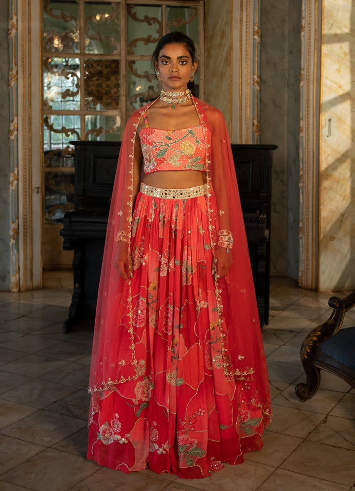 Cherry Red Printed Georgette Lehenga Set Paulmi and Harsh - Fabilicious Fashion