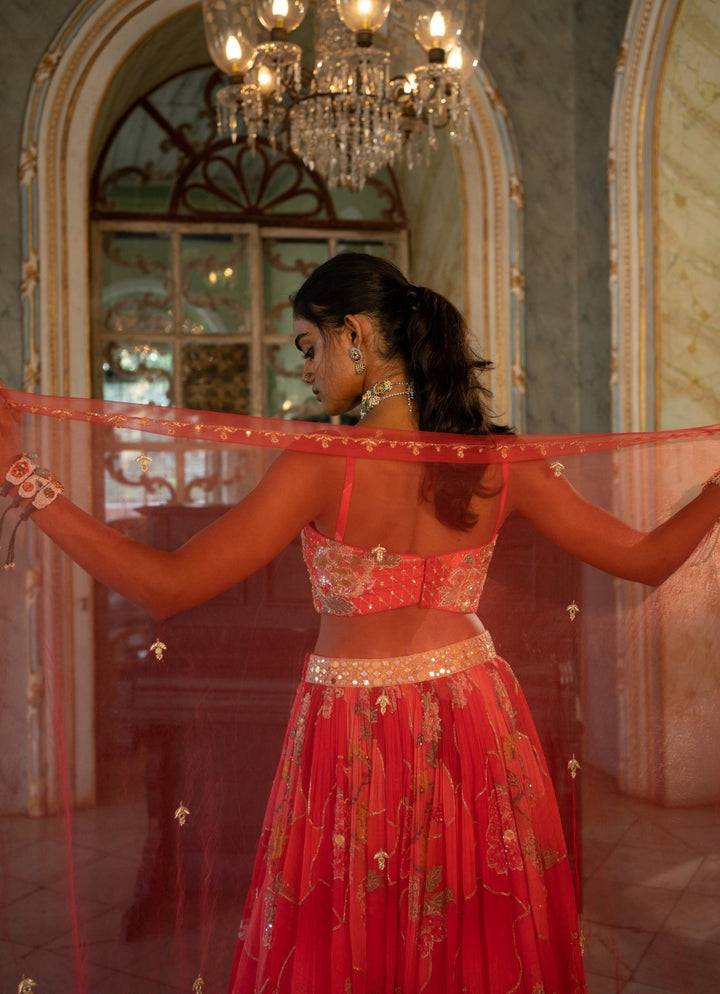 Cherry Red Printed Georgette Lehenga Set Paulmi and Harsh - Fabilicious Fashion