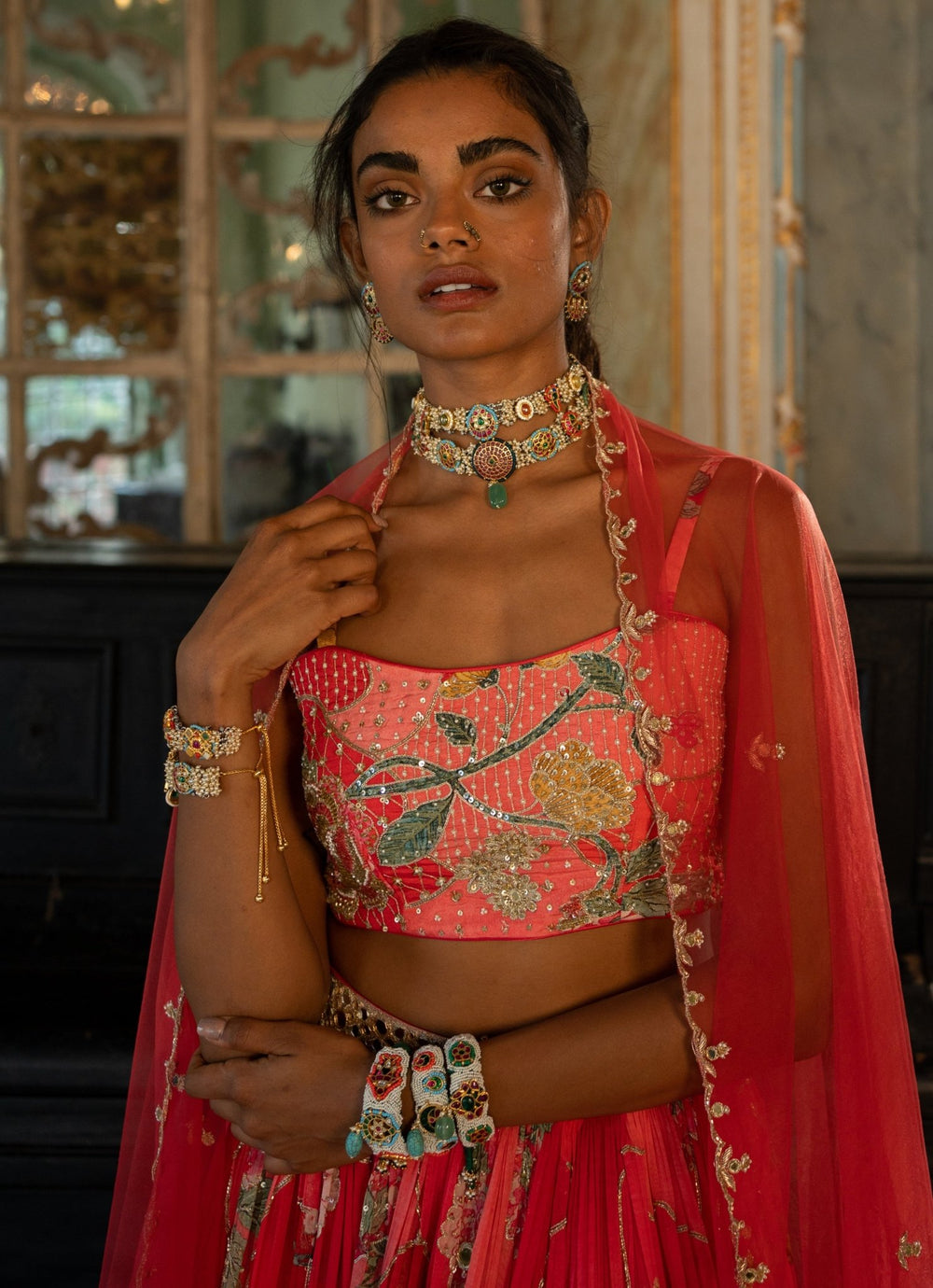 Cherry Red Printed Georgette Lehenga Set Paulmi and Harsh - Fabilicious Fashion