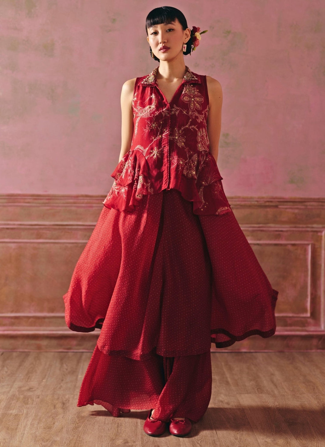 Paulmi and Harsh Cherry Red Printed Peplum Kurta SetFabilicious Fashion
