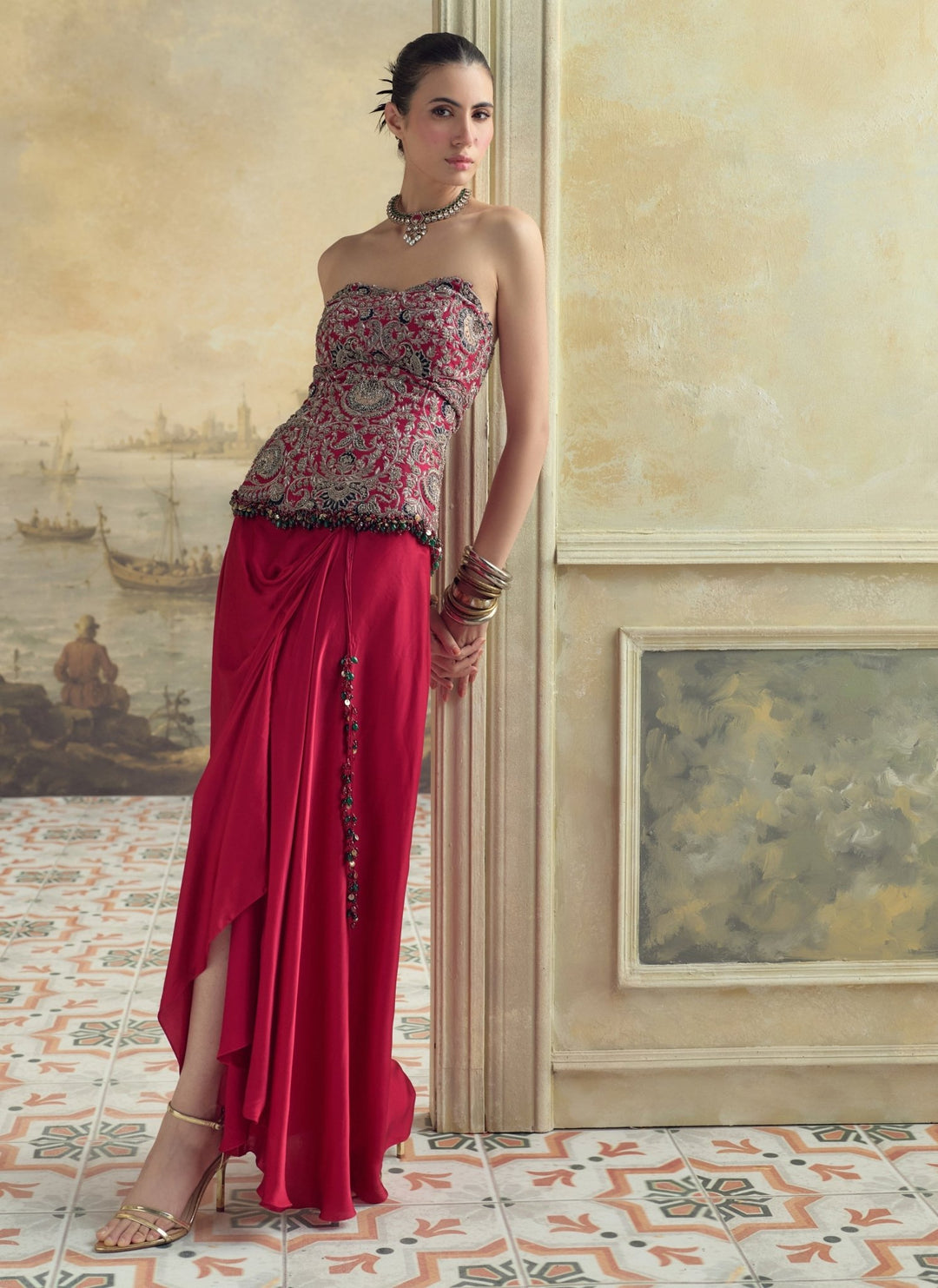 Prisho Cherry Red Satin Drape Skirt Set With CorsetFabilicious Fashion