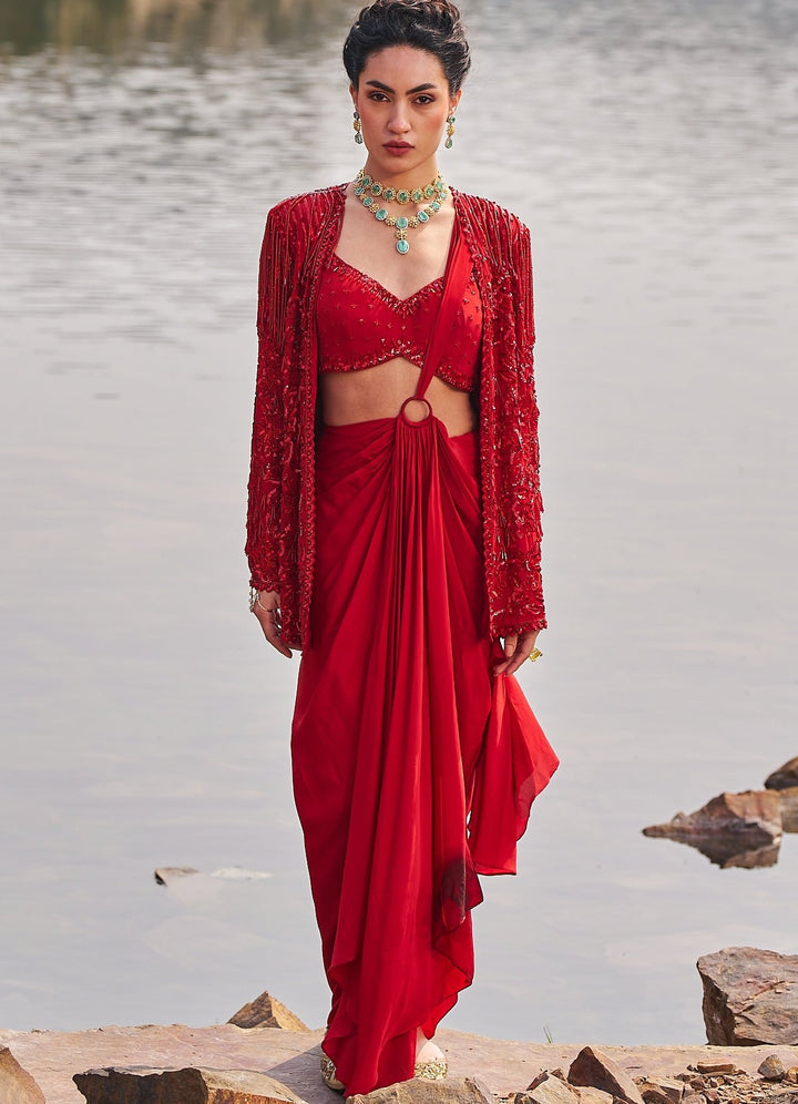 Chilli Red Sequinned Drape Saree Nidhika Shekhar - Fabilicious Fashion