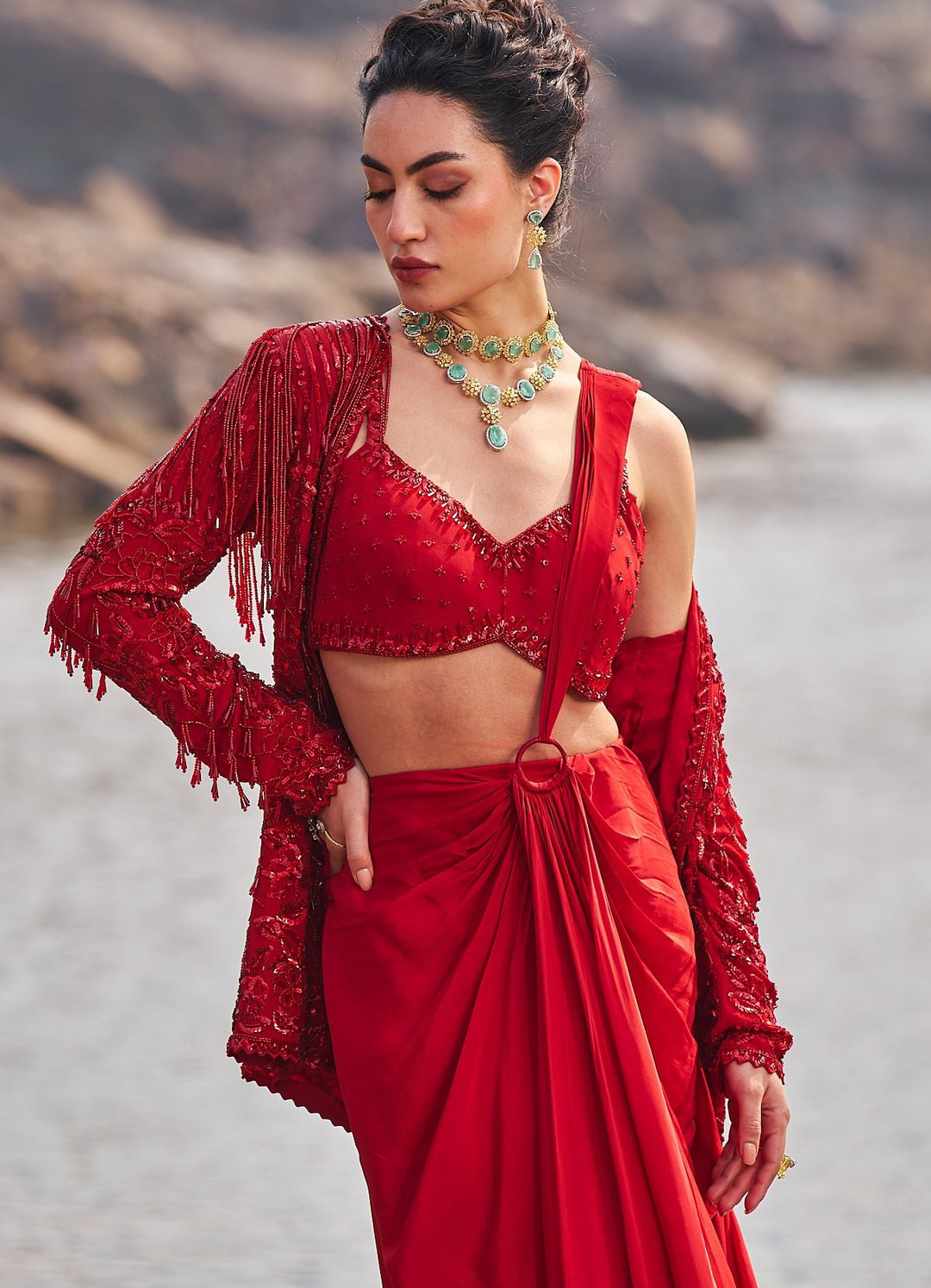 Chilli Red Sequinned Drape Saree Nidhika Shekhar - Fabilicious Fashion