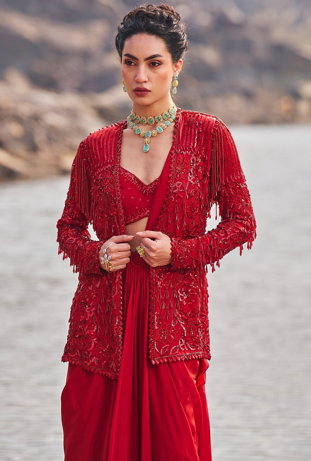 Chilli Red Sequinned Drape Saree Nidhika Shekhar - Fabilicious Fashion